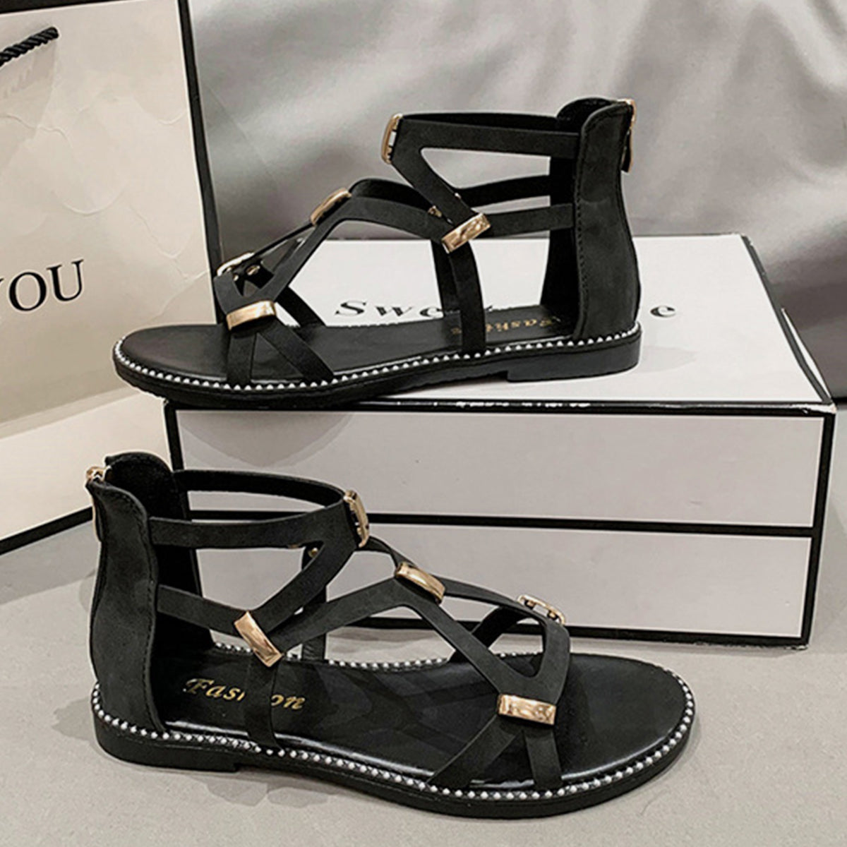 Open Toe Back Zipper Flat Sandals