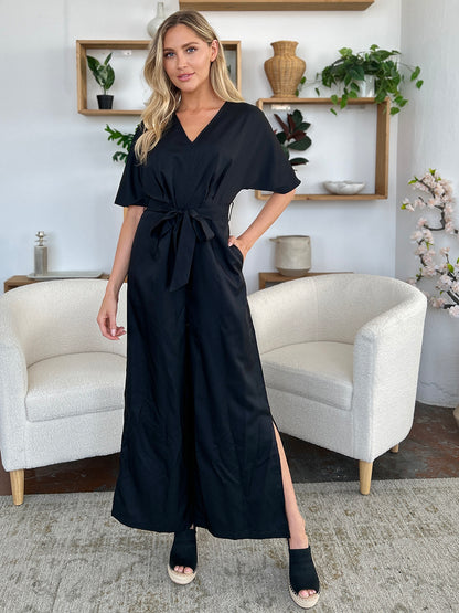 Double Take Full Size V-Neck Tie Front Short Sleeve Slit Jumpsuit