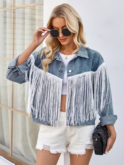 Tassel Button Up Dropped Shoulder Denim Jacket